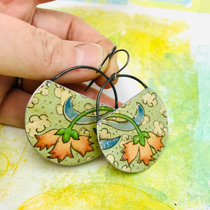 Pale Pink Blossoms on Dusty Seafoam Circles Recycled Tin Earrings