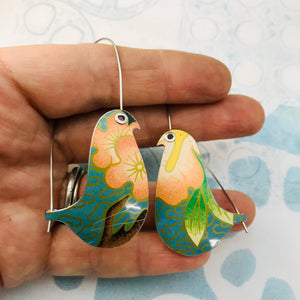 Pink Blossoms on Blue Birds on a Wire Upcycled Tin Earrings