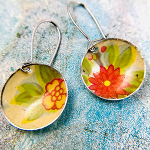 Little Yellow & Scarlet Flowers Tiny Dot Upcycled Tin Earrings