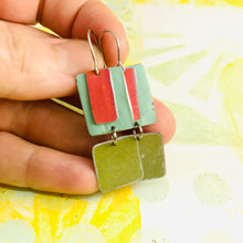 Load image into Gallery viewer, Cerise, Aqua &amp; Green Olive Recycled Tin Earrings