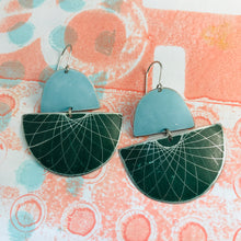 Load image into Gallery viewer, Matte Aqua &amp; Forest Spirograph Upcycled Tin Boat Earrings