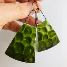 Load image into Gallery viewer, Sap Green Textured Upcycled Vintage Tin Long Fan Earrings