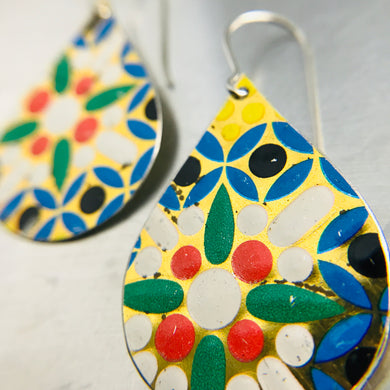 Mosaic White Flower Upcycled Teardrop Tin Earrings