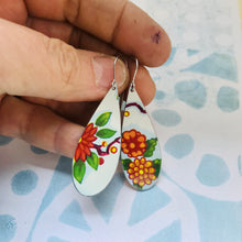 Load image into Gallery viewer, Vintage Bright Blossoms Upcycled Narrow Teardrop Tin Earrings