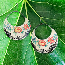 Load image into Gallery viewer, Midnight Edged Flowers Crescent Circles Upcycled Tin Earrings