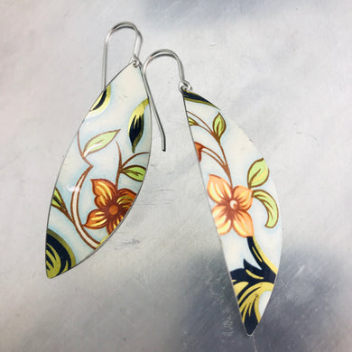 Vintage Orange-y Pink Flowers Upcycled Tin Leaf Earrings