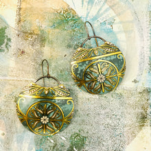 Load image into Gallery viewer, Teal &amp; Gold Circles Upcycled Tin Earrings
