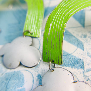 Chartreuse Green Etched Rainbows with Puffy Clouds Upcycled Tin Earrings
