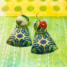 Load image into Gallery viewer, Vintage Green &amp; Blue Small Fans Zero Waste Tin Earrings
