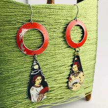 Load image into Gallery viewer, Bright Red Ring Asian Ladies Upcycled Vintage Tin Long Teardrops Earrings by Christine Terrell for adaptive reuse jewelry