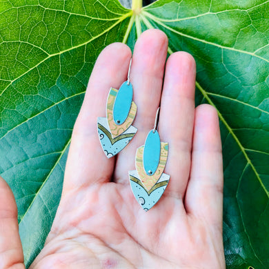 Pale Seafoam & Pink Reuleaux Triangle Upcycled Teardrop Tin Earrings