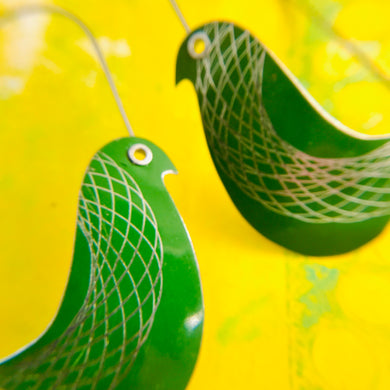 Paris Green Spirograph Birds on a Wire Upcycled Tin Earrings
