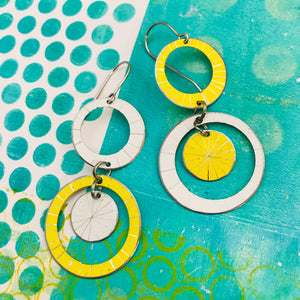 White & Yellow Starburst Multi Circles Upcycled Tin Earrings