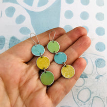 Load image into Gallery viewer, Aqua, Goldenrod &amp; Moss Tri-dot Upcycled Tin Earrings