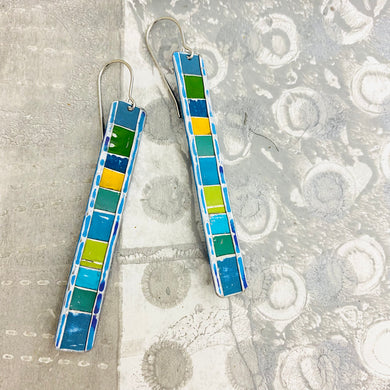 Fenced & Folded Blues & Pop of Sunshine Rectangle Tin Earrings