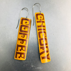 Cafe Coffee Typography Upcycled Tin Earrings by Christine Terrell for adaptive reuse jewelry