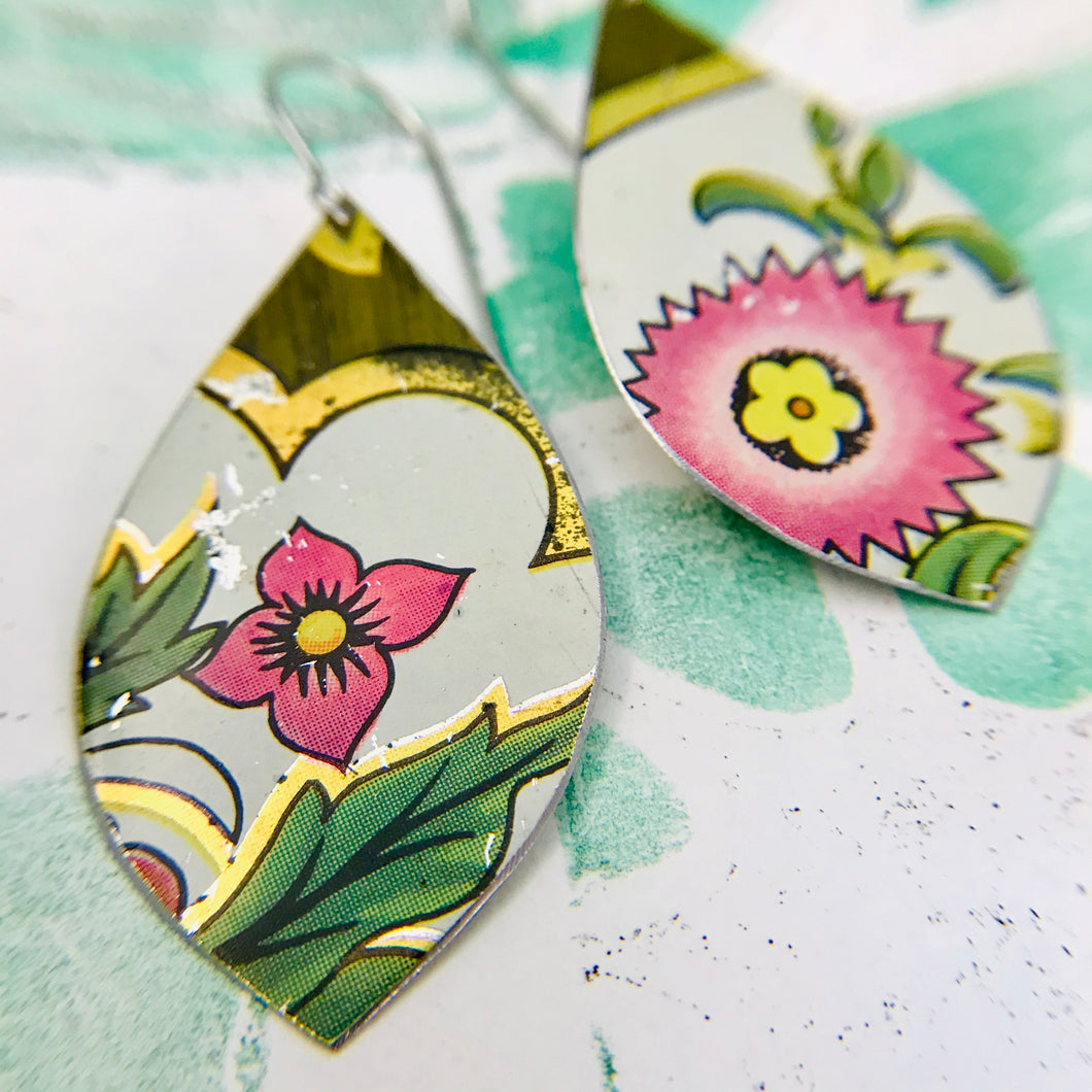 Pink Flowers Upcycled Long Pod Tin Earrings