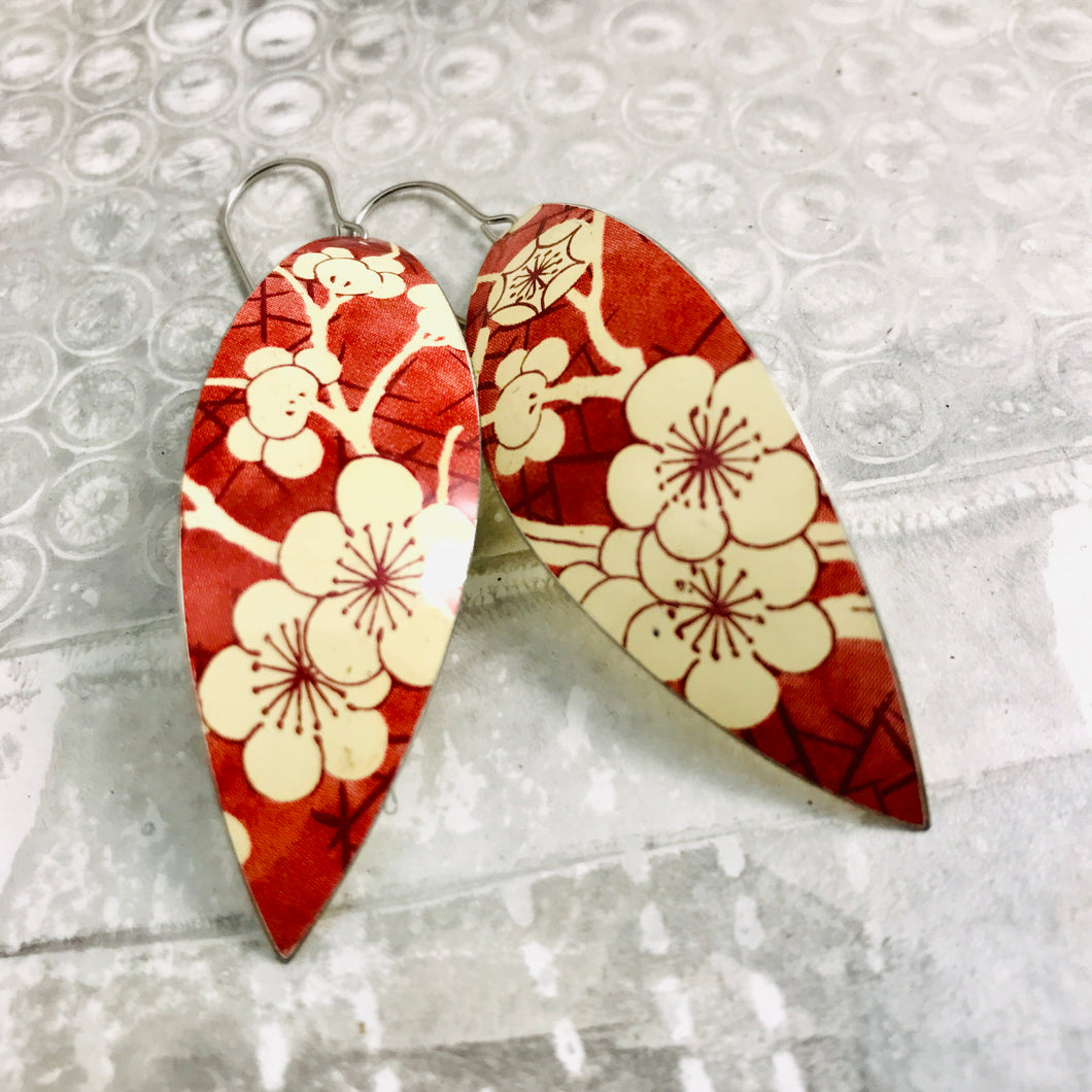 Cherry Blossoms on Deep Crimson Leaf Shape Tin Earrings