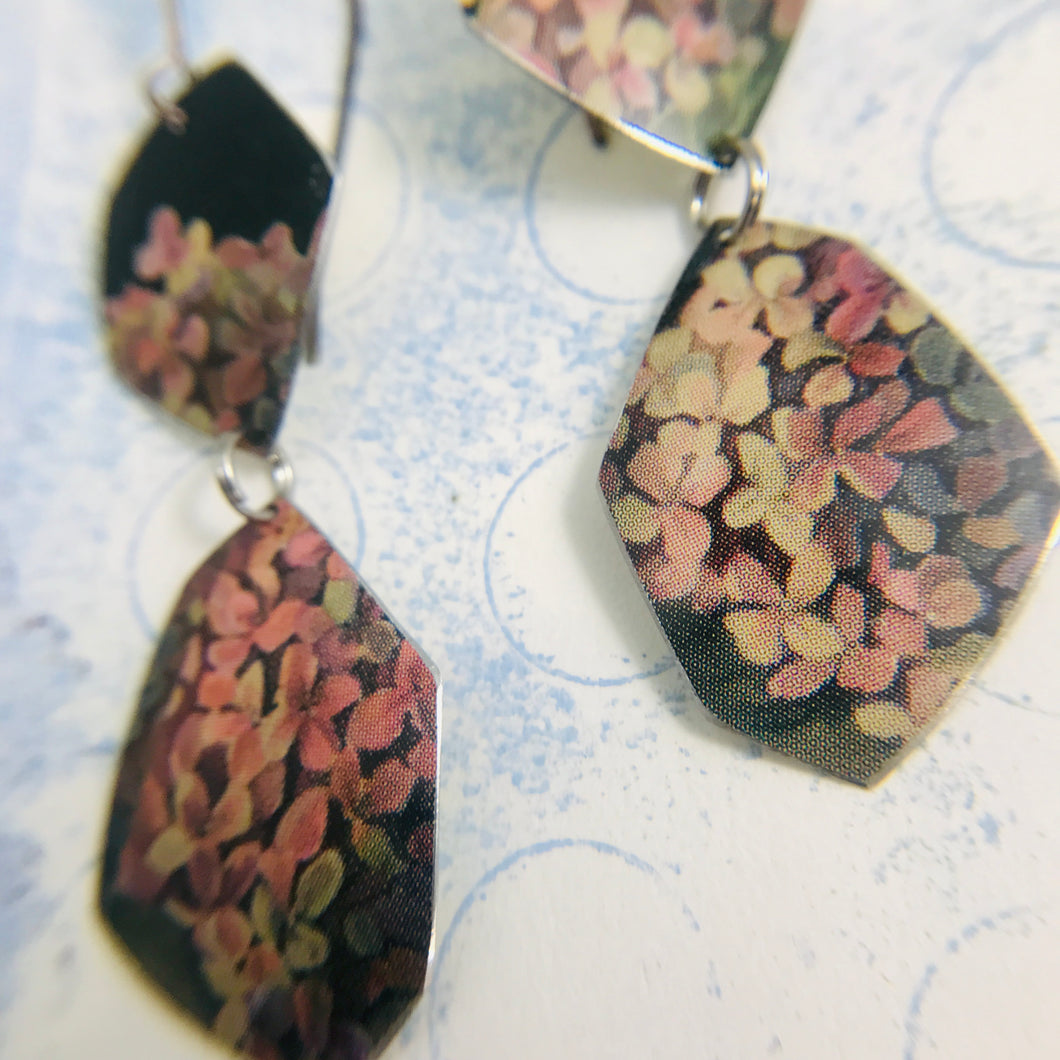 Faceted Pink Hydrangeas Upcycled Teardrop Tin Earrings