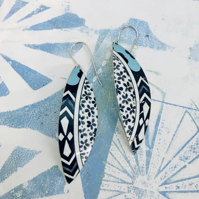 Blue Flower Edge Upcycled Tin Leaf Earrings