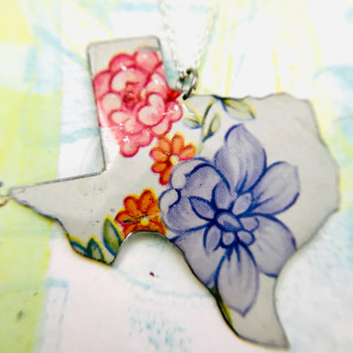 Vintage Blue & Pink Wildflower Texas Recycled Tin Necklace