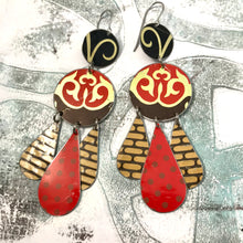 Load image into Gallery viewer, Dashed Brown &amp; Red Dots Tin Chandelier Earrings