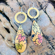Load image into Gallery viewer, Fall Leaves and Golden Rings Upcycled Teardrop Tin Earrings