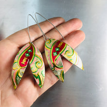Load image into Gallery viewer, Shimmery Golden &amp; Red Paisley Upcycled Tin Double Leaf Earrings