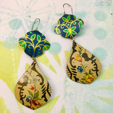 Vintage Blue Flowers Wide Cream Teardrops Zero Waste Tin Earrings