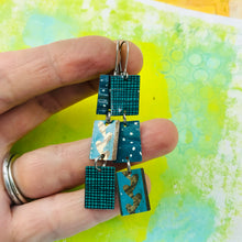 Load image into Gallery viewer, Mixed Teals Upcycled Rectangles Tin Earrings