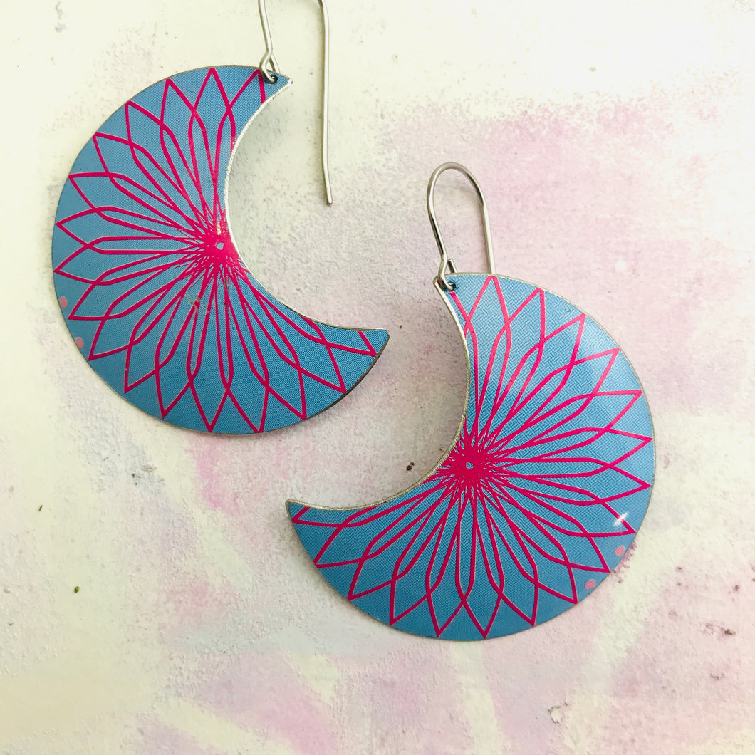 Hot Pink Spirograph Moons Upcycled Tin Earrings