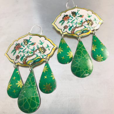 Bird in a Tree Green Zero Waste Tin Chandelier Earrings