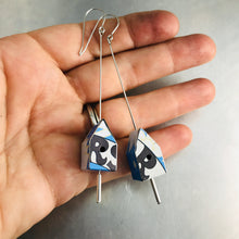 Load image into Gallery viewer, Big Rs on Blue Tiny Tin Birdhouse Earrings