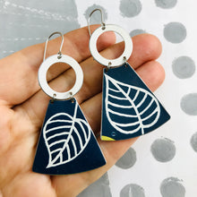 Load image into Gallery viewer, Big Leaves on Midnight Blue Small Fan Tin Earrings