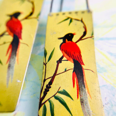 Vintage Red Song Birds Long Narrow Tin Earrings