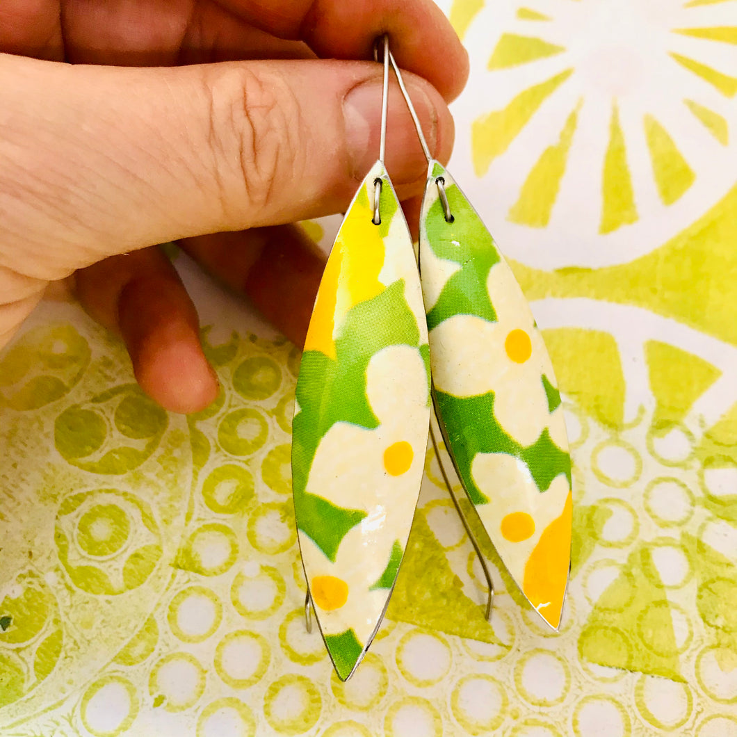Spring Green White Flowers Long Pods Upcycled Tin Leaf Earrings