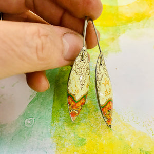 Pale Yellow Kilim Small Long Pods Upcycled Tin Leaf Earrings
