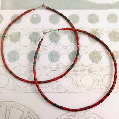 Spiraled Tin Big Red Hoop Earrings