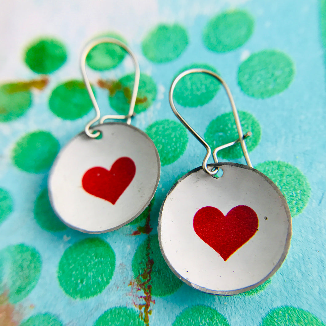 Red Hearts on White Tiny Dot Tin Earrings