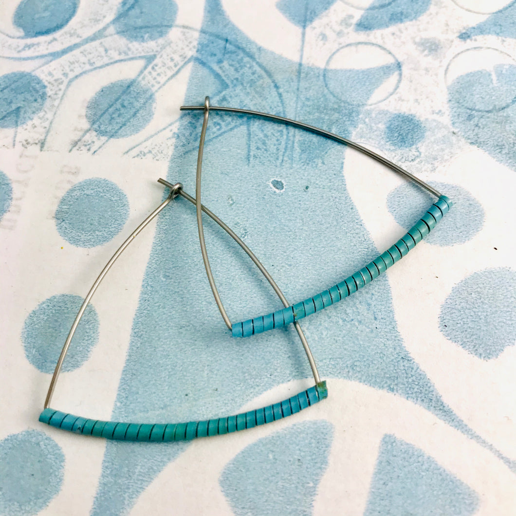 Small Muted Aqua Blue Spiraled Tin Triangle Hoop Earrings