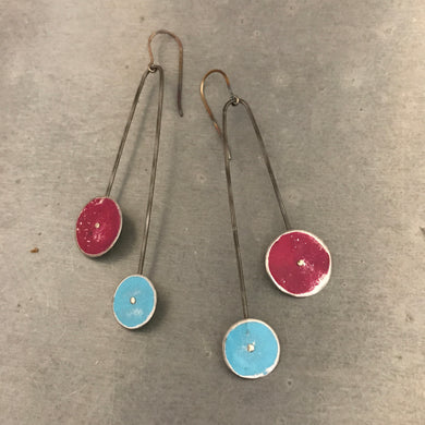 Magenta and Sky Long Dot Upcycled Tin Earrings