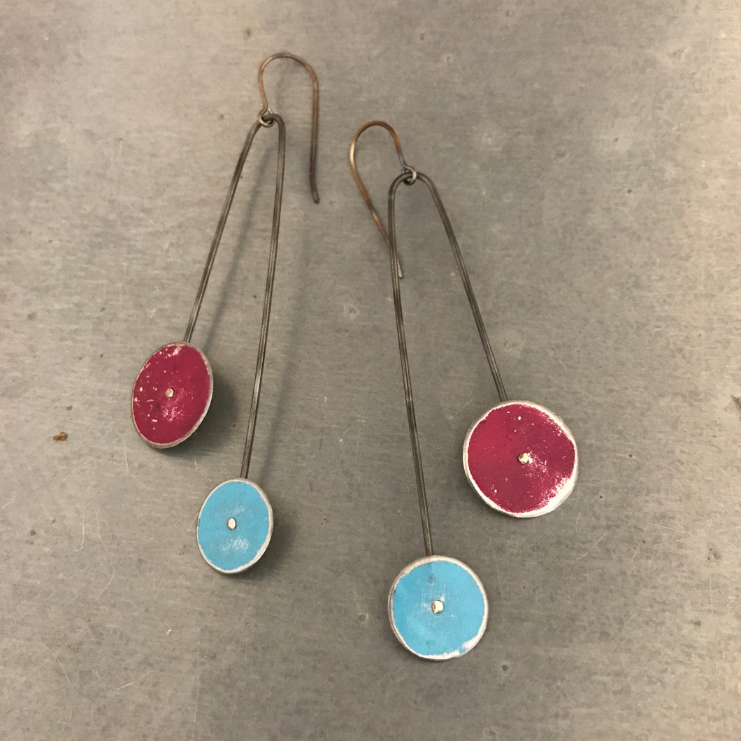 Magenta and Sky Long Dot Upcycled Tin Earrings