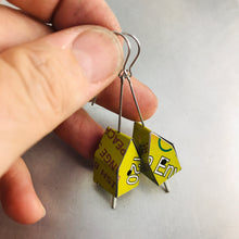 Load image into Gallery viewer, Spring Green &amp; Typography Tiny Tin Birdhouse Earrings