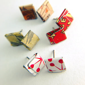 Retro Red Asterisks Folded Square Upcycled Tin Post Earrings