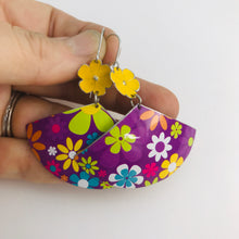 Load image into Gallery viewer, Bright Flowers on Purple Fans Upcycled Tin Earrings