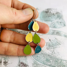 Load image into Gallery viewer, Teal, Goldenrod &amp; Olive Tri-Teardrop Upcycled Tin Earrings
