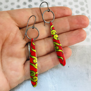 Scarlet with Golden Dragon Long Teardrops Upcycled Tin Earrings