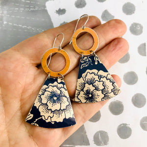 Midnight Blue & Ecru Big Blossoms Small Fans Tin Earrings