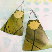 Load image into Gallery viewer, Big Pale Yellow Flowers Upcycled Tin Long Fans Earrings