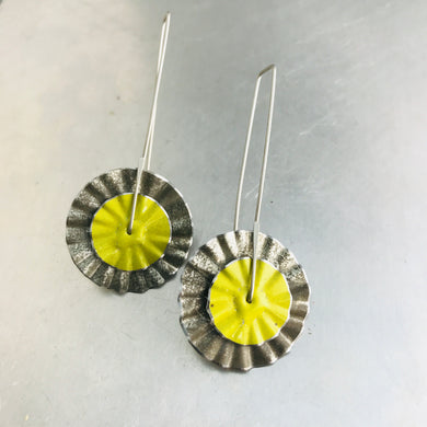 Gunmetal & Bright Green Ruffled Discs Tin Earrings by adaptive reuse jewelry
